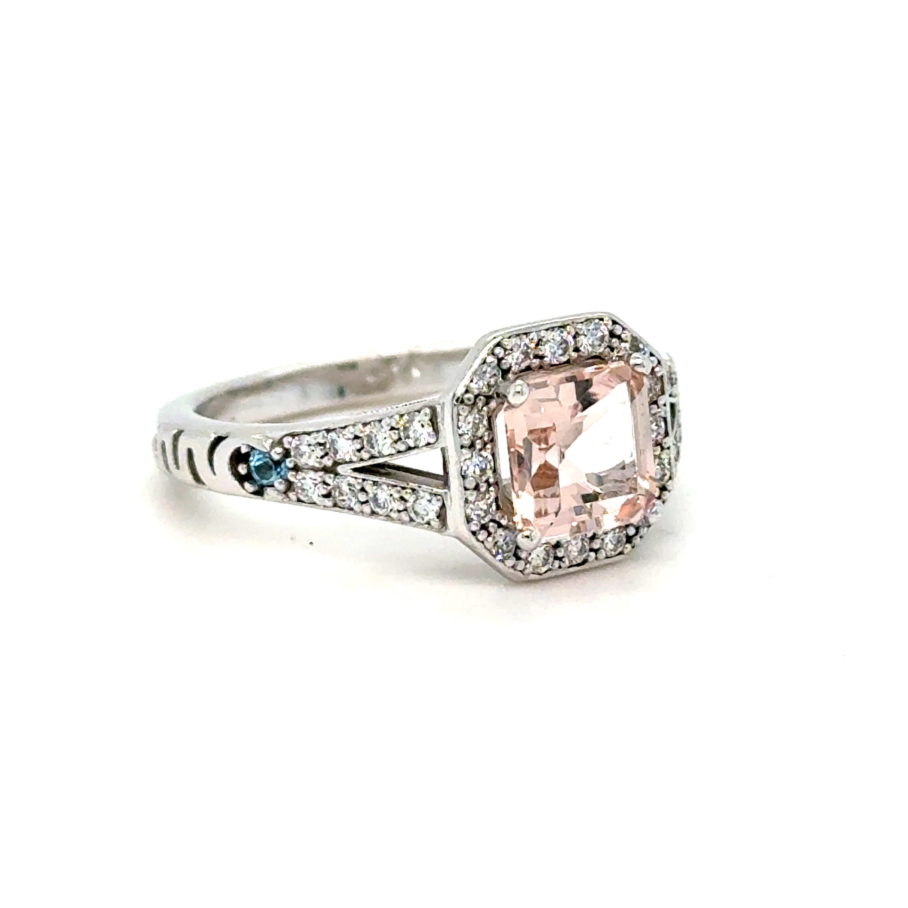 Vintage 14K White Gold Morganite, Diamond, and Blue Topaz Ring Engagement Ring - 1.56ct.